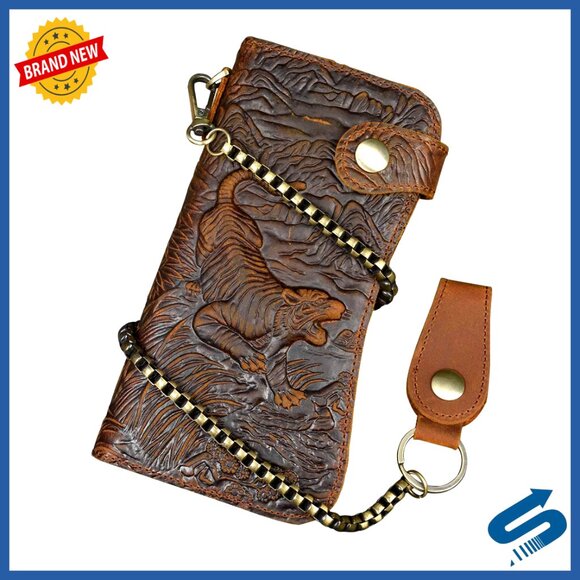 Genuine Leather Long Wallet with Chain 14 Card Slots Coin Pocket